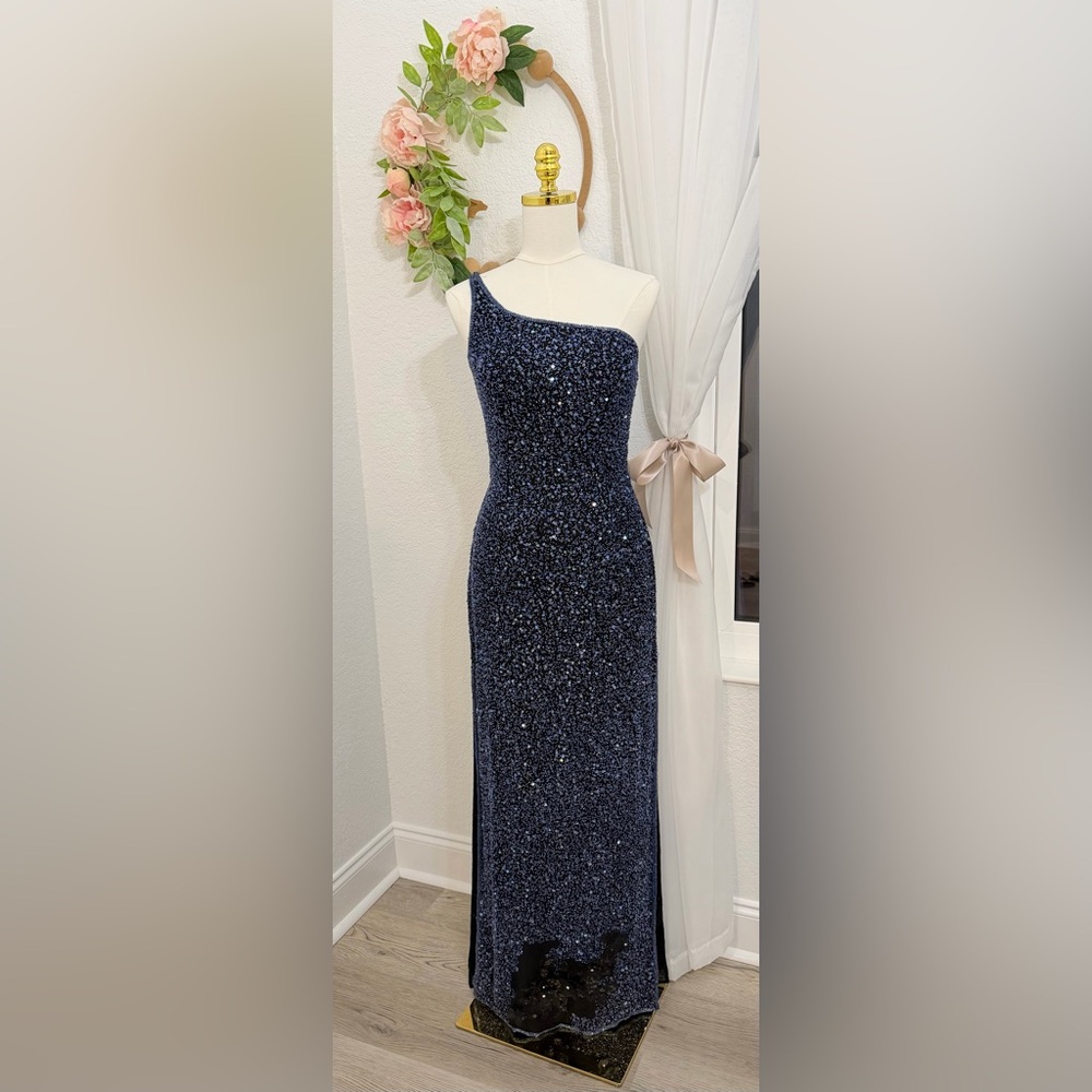 SCALA Fully Beaded Navy Blue Silk Formal Evening Prom Dress Gown Sz M - $1398